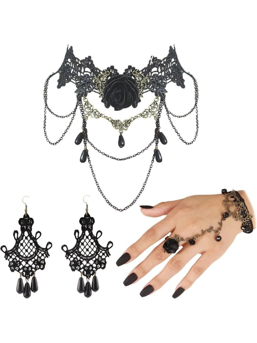 Women's Black Choker Witch Necklace Halloween Black Ring Bracelet Hand Chain